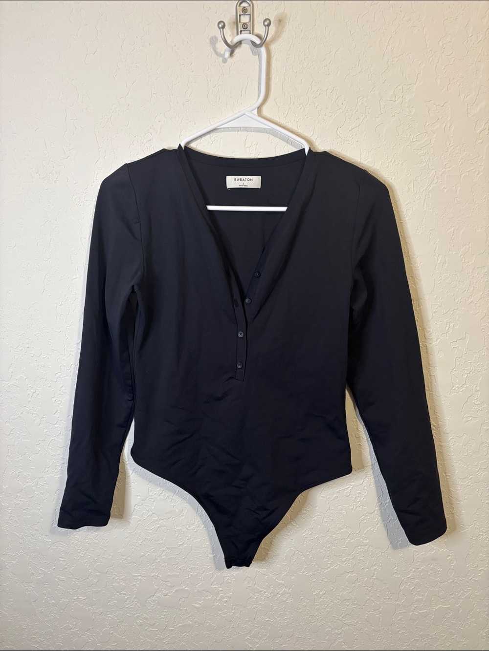 Babaton Black Long-Sleeve Button V-Neck Bodysuit